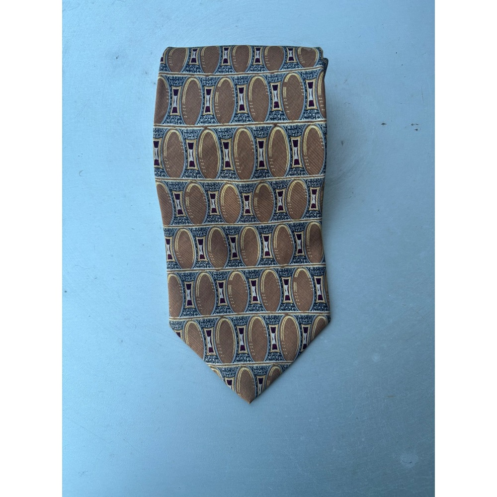 Kenneth Cole New York Mens Silk Tie Tan Gold Burgundy Geometric Oval Pattern‎